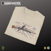 Australian Warfighters cream 100% cotton t-shirt with a vintage Bren gun graphic over a distressed Union Jack.