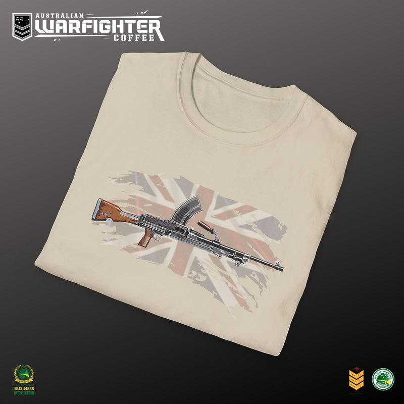 Australian Warfighters cream 100% cotton t-shirt with a vintage Bren gun graphic over a distressed Union Jack.