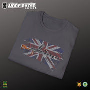 Australian Warfighters dark grey 100% cotton t-shirt with a vintage Bren gun graphic over a distressed Union Jack.