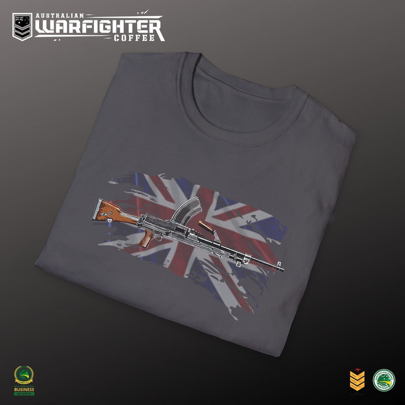 Australian Warfighters dark grey 100% cotton t-shirt with a vintage Bren gun graphic over a distressed Union Jack.