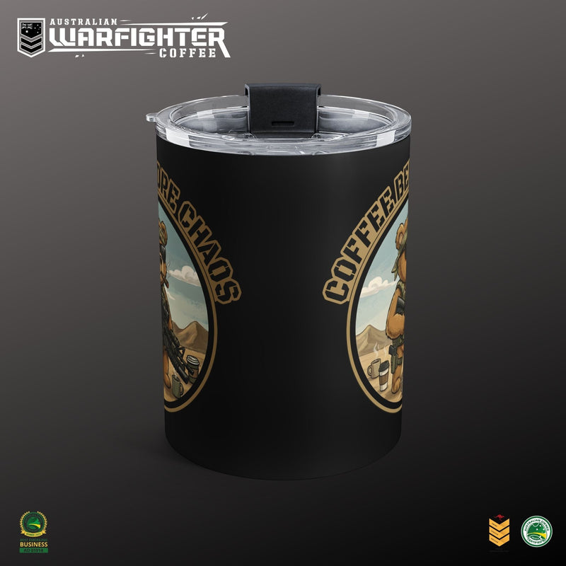 Australian Warfighters Coffee 10oz black stainless steel tumbler with 'Brew the Chaos' military adventure design and a clear push-on lid.