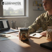 Australian Warfighters Coffee 10oz insulated tumbler with 'Brew the Chaos' military bear design. Black stainless steel.