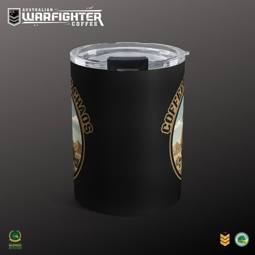 Australian Warfighters Coffee 10oz black stainless steel tumbler with 'Brew the Chaos' military design and clear lid.
