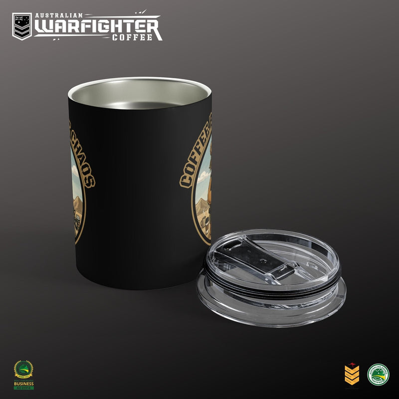 Australian Warfighters Coffee 10oz black stainless steel tumbler with 'Brew the Chaos' military design and clear lid.