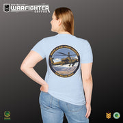 Australian Warfighters Coffee light blue cotton t-shirt with AH-64E Apache Guardian helicopter graphic on back.