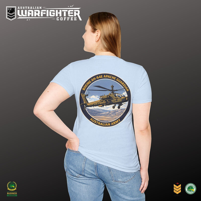 Australian Warfighters Coffee light blue cotton t-shirt with AH-64E Apache Guardian helicopter graphic on back.