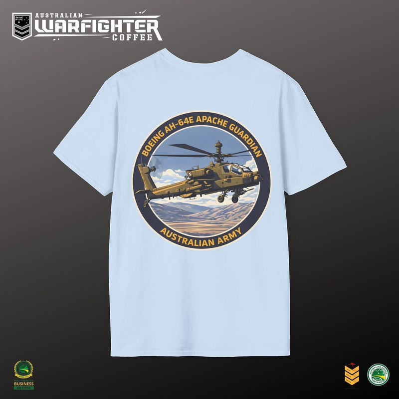 Australian Warfighters Coffee light blue 100% cotton t-shirt with AH-64E Apache Guardian graphic on back.