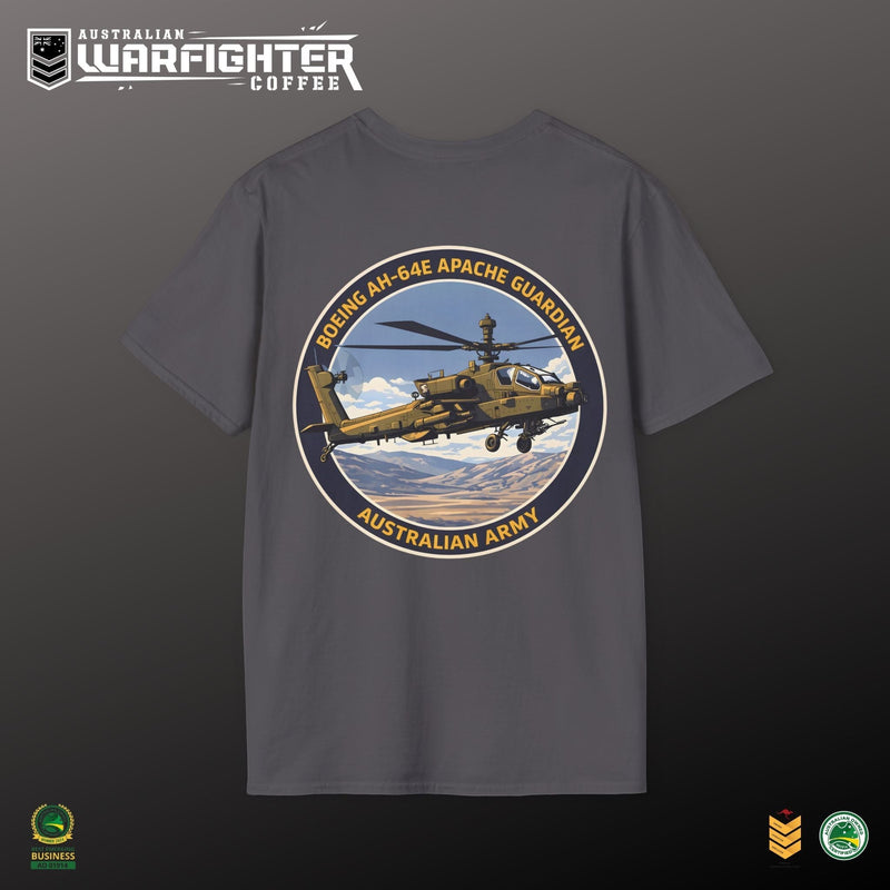 Australian Warfighters Coffee dark grey 100% cotton crew-neck t-shirt with AH-64E Apache Guardian helicopter graphic on back.