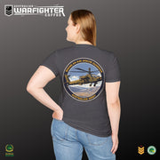 Australian Warfighters Coffee dark grey 100% cotton t-shirt with AH-64E Apache Guardian helicopter graphic on back.