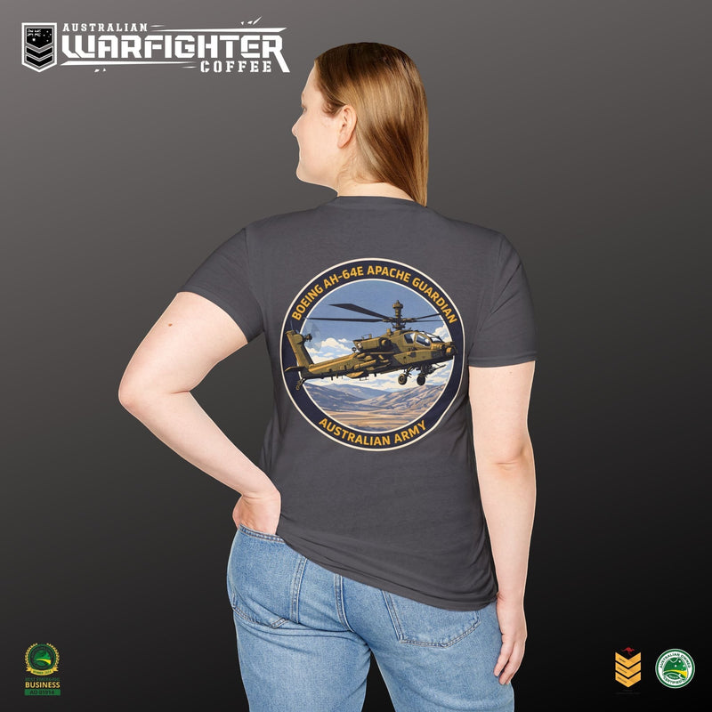Australian Warfighters Coffee dark grey 100% cotton t-shirt with AH-64E Apache Guardian helicopter graphic on back.