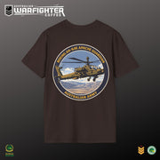Australian Warfighters Coffee brown cotton t-shirt with a graphic of an AH-64E Apache Guardian helicopter in flight on the back.