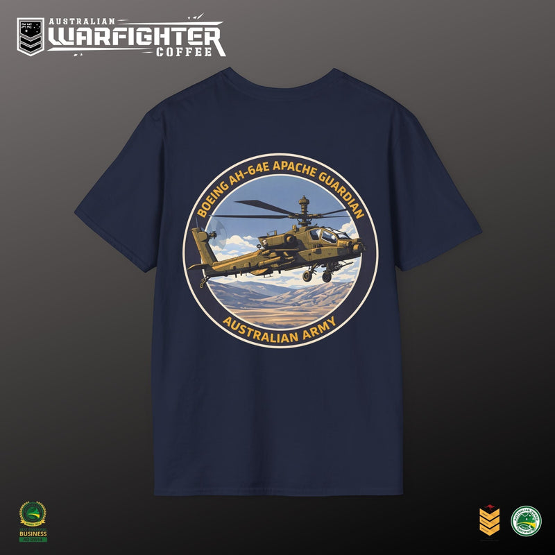 Australian Warfighters Coffee navy blue crew-neck t-shirt with AH-64E Apache Guardian graphic on back.