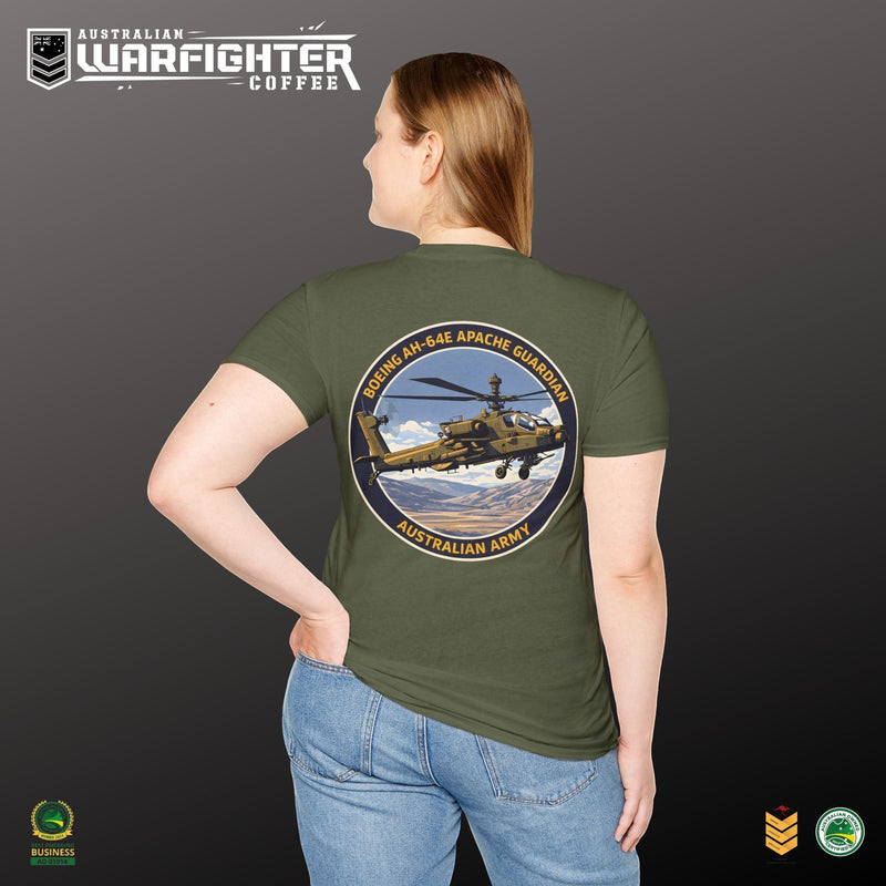 Australian Warfighters Coffee olive green cotton t-shirt with a graphic of an AH-64E Apache Guardian helicopter in flight on the back.
