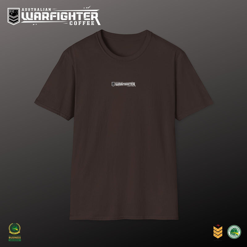 Australian Warfighters Coffee brown 100% cotton crew-neck t-shirt with small chest logo and large back graphic of Apache helicopter.
