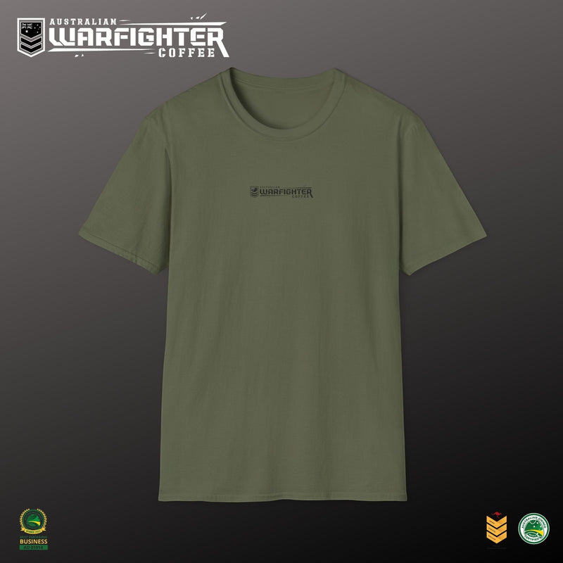 Australian Warfighters Coffee olive green crew-neck t-shirt with small chest logo and large Apache helicopter graphic on back.
