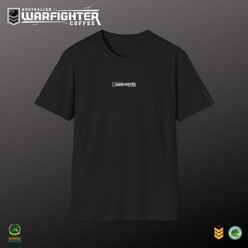 Australian Warfighters Coffee black crew-neck t-shirt with small chest logo and large Apache helicopter graphic on back.
