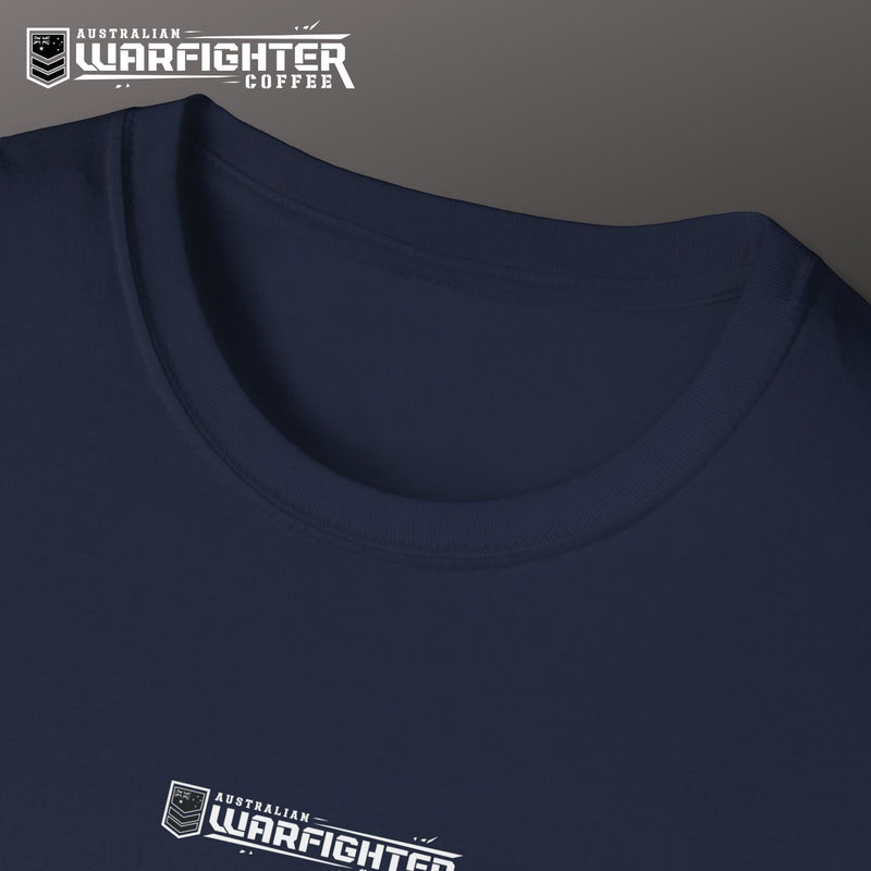 Australian Warfighters Coffee navy blue 100% cotton crew-neck t-shirt with Apache helicopter graphic.