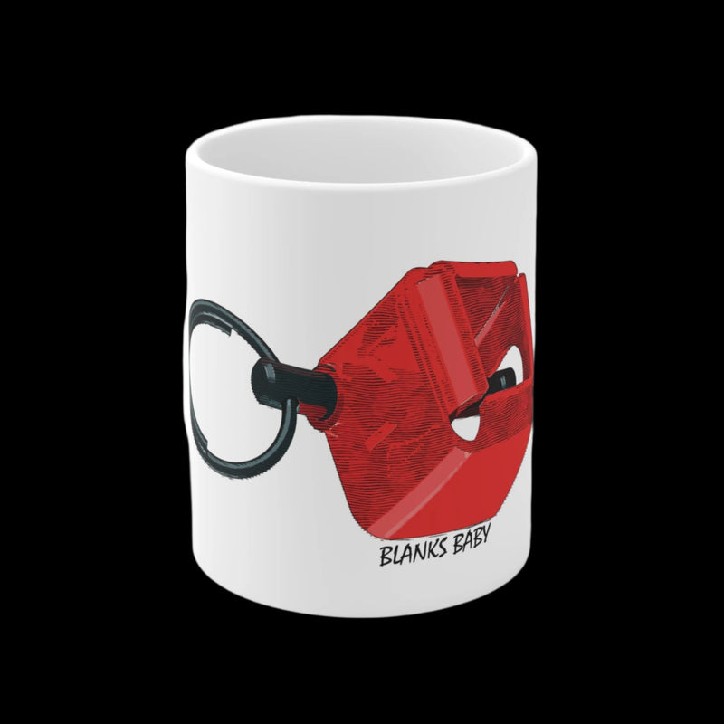 Australian Warfighters Coffee 11oz white ceramic mug featuring a red grenade graphic and Blanks Baby text