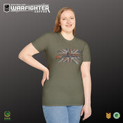 Australian Warfighters Coffee olive green cotton t-shirt with a vintage British WWII Bren gun graphic over a distressed Union Jack.