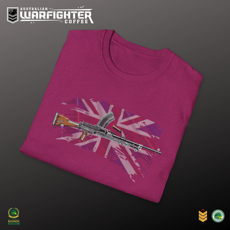 Australian Warfighters Coffee Bren Gun T-Shirt in magenta cotton with a vintage British WWII gun graphic and distressed Union Jack.