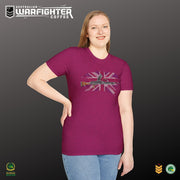Australian Warfighters Coffee Bren Gun T-Shirt in magenta cotton with a distressed Union Jack and vintage British WWII gun graphic.