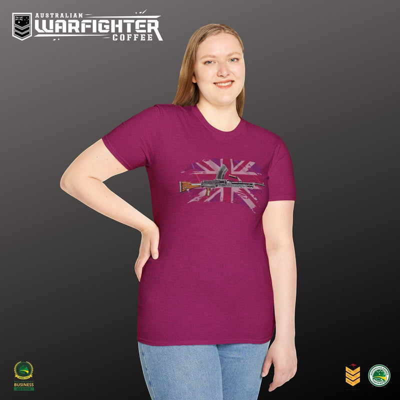 Australian Warfighters Coffee Bren Gun T-Shirt in magenta cotton with a distressed Union Jack and vintage British WWII gun graphic.