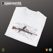 Australian Warfighters Coffee white 100% cotton t-shirt with a vintage Bren gun graphic over a distressed Union Jack.