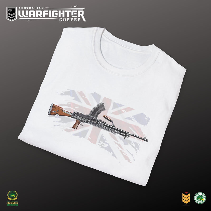 Australian Warfighters Coffee white 100% cotton t-shirt with a vintage Bren gun graphic over a distressed Union Jack.