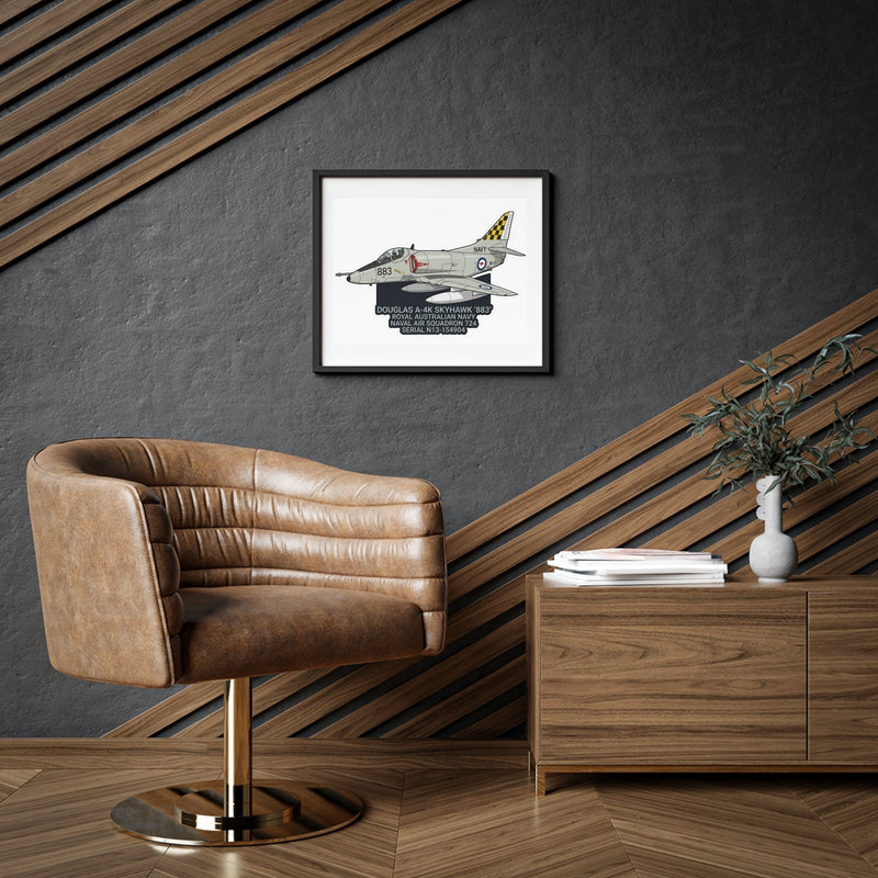 Australian Warfighters Coffee Douglas A-4K Skyhawk '883' framed matte poster print, light gray aircraft with yellow checkered tail.