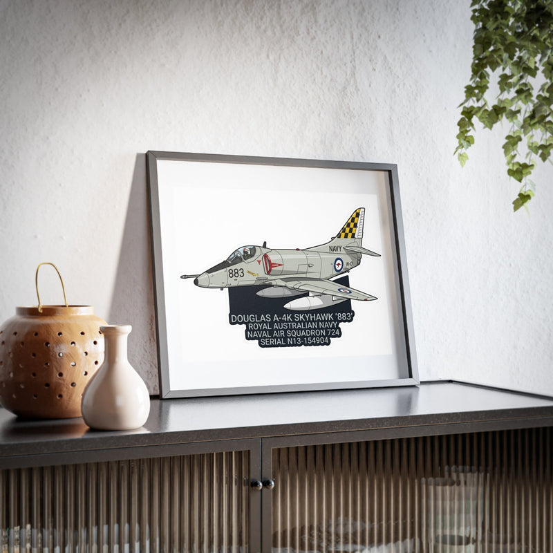 Australian Warfighters Coffee Douglas A-4K Skyhawk '883' Royal Australian Navy aircraft print in a black Perspex frame with white matboard.