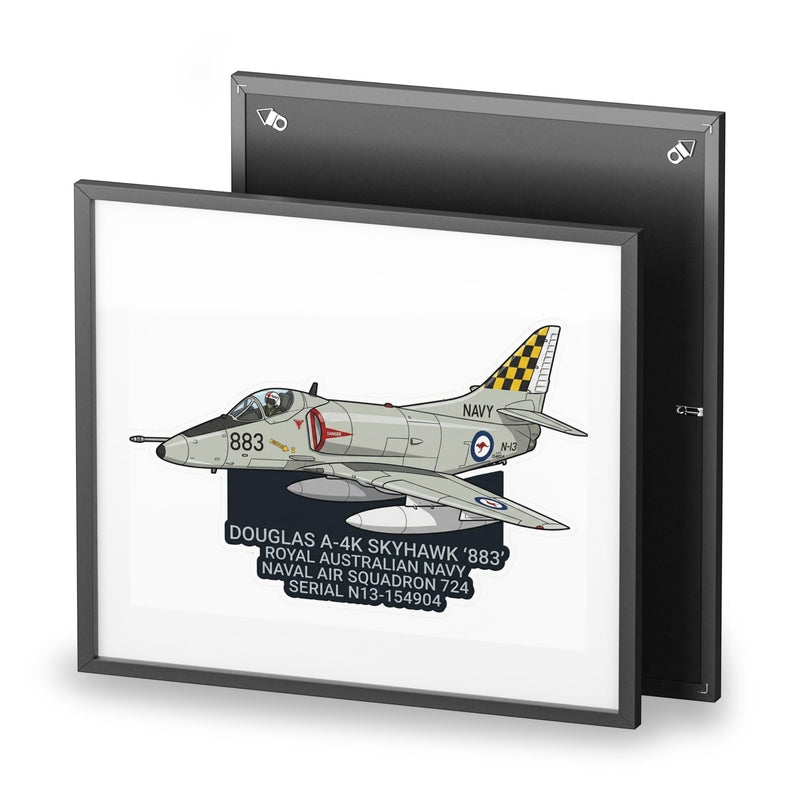 Australian Warfighters Coffee framed matte poster of a grey Douglas A-4K Skyhawk aircraft with yellow and black checkered tail.