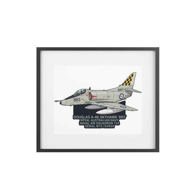 Australian Warfighters Coffee framed matte poster of a grey Douglas A-4K Skyhawk aircraft with '883' and Royal Australian Navy markings.