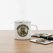 Australian Warfighters Coffee enamel mug with a tactical bear graphic and "Coffee Before Chaos" text. White with silver rim.