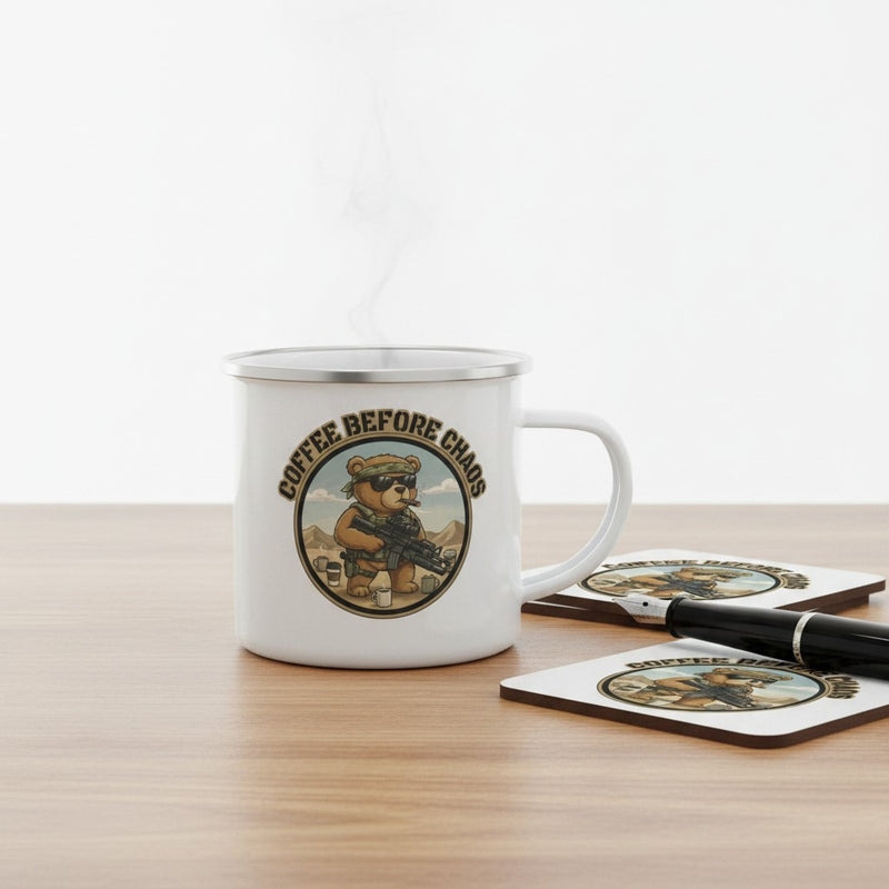 Australian Warfighters Coffee enamel mug with a tactical bear graphic and "Coffee Before Chaos" text. White with silver rim.