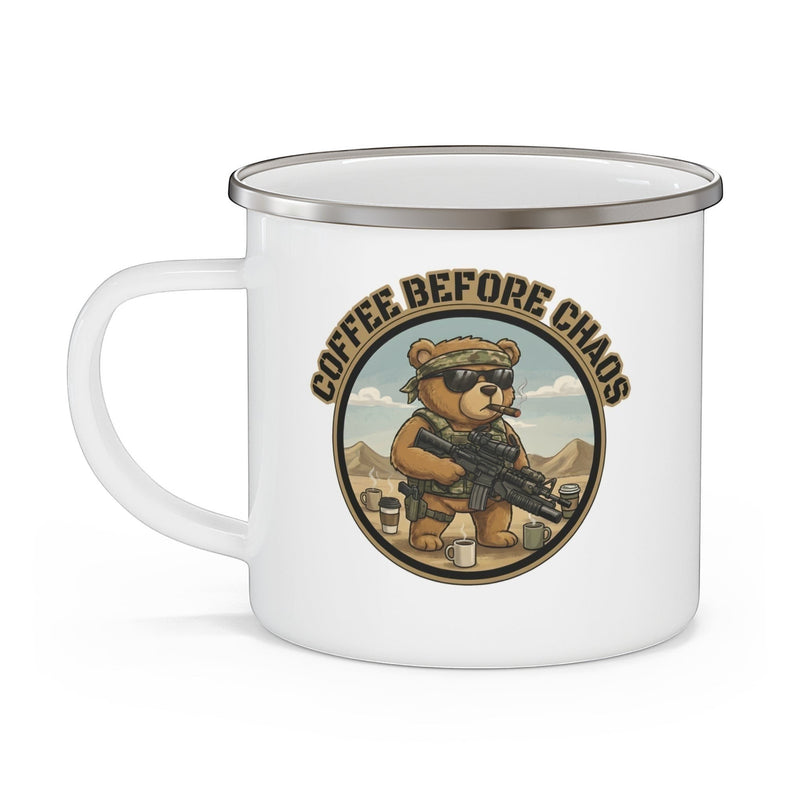 Australian Warfighters Coffee enamel camping mug with a tactical bear illustration and "Coffee Before Chaos" text.