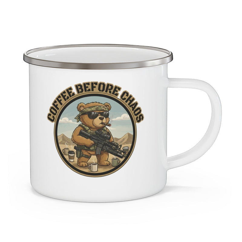 Australian Warfighters Coffee enamel camping mug with "Coffee Before Chaos" text and tactical bear illustration. White mug with silver rim.