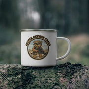 Australian Warfighters Coffee enamel camping mug with "Coffee Before Chaos" tactical bear illustration. White mug with silver rim.
