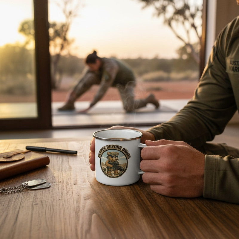 Australian Warfighters Coffee enamel mug with a tactical bear graphic and "Coffee Before Chaos" text. White with silver rim.