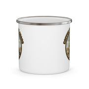 Australian Warfighters Coffee white enamel camping mug with "Coffee Before Chaos" tactical bear illustration, 12 oz.