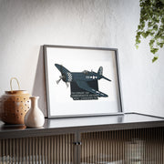Australian Warfighters Coffee F4U Corsair '530' commemorative matte print with checkered tail, framed in black Perspex.