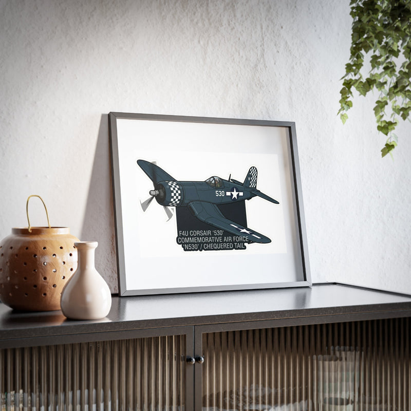 Australian Warfighters Coffee F4U Corsair '530' commemorative matte print with checkered tail, framed in black Perspex.