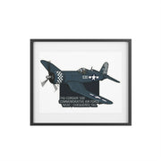 Australian Warfighters Coffee F4U Corsair '530' Commemorative Air Force matte print in a black frame. Features a dark blue plane with checkered details and white star insignia.