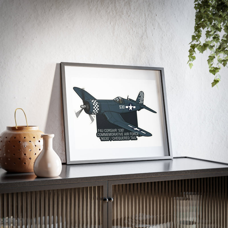 Australian Warfighters Coffee F4U Corsair '530' Commemorative Air Force print with checkered tail, framed in black Perspex.