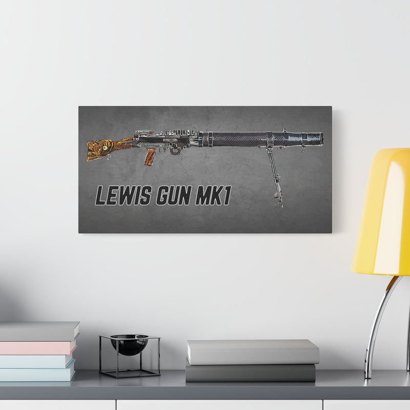 Australian Warfighters Coffee Lewis Gun MK1 digital art canvas print featuring a detailed weapon illustration.