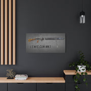Australian Warfighters Coffee Lewis Gun MK1 digital art canvas on a dark grey wall above a wooden console table.