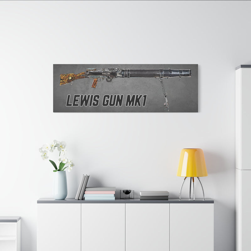 Australian Warfighters Coffee digital art canvas of a Lewis Gun Mk1 displayed on a white wall above a modern cabinet.