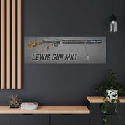 Australian Warfighters Coffee Lewis Gun MK1 digital art canvas print displayed on a dark grey wall above a shelf.