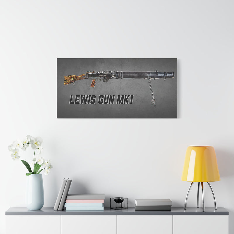 Australian Warfighters Coffee Lewis Gun Mk1 digital art canvas print displayed on a modern living room wall.