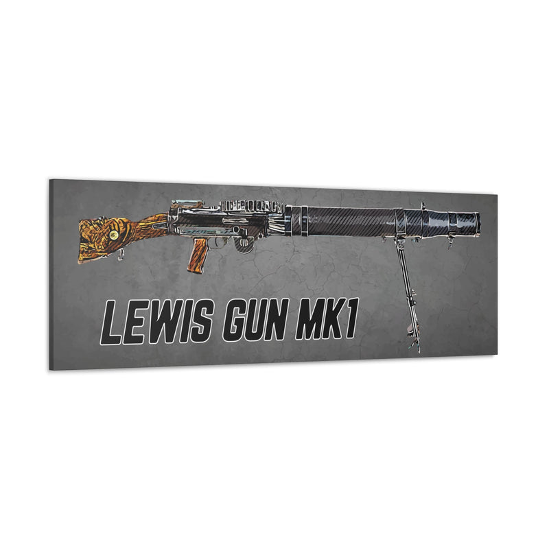 Australian Warfighters Coffee Lewis Gun Mk1 digital art canvas print featuring a detailed historical machine gun.