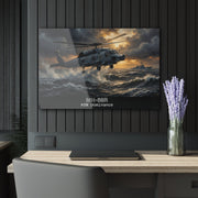 Australian Warfighters Coffee MH-60R helicopter art print over stormy seas, acrylic wall art.